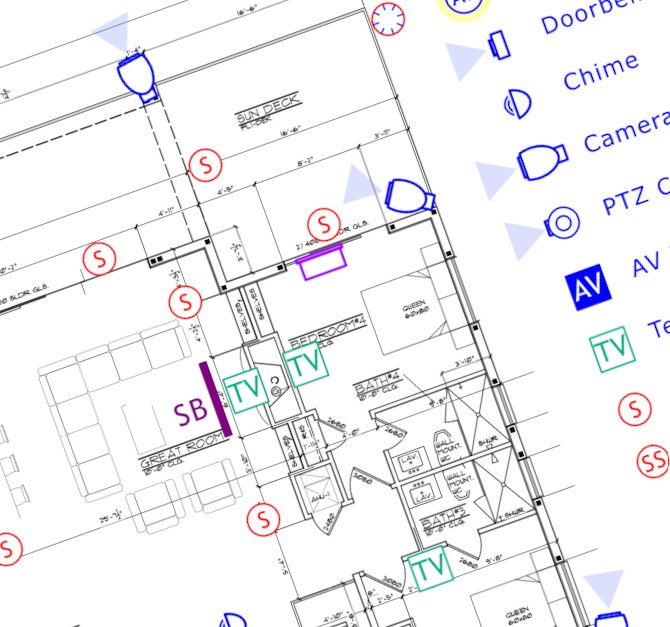 Floor plan with AV system design markup